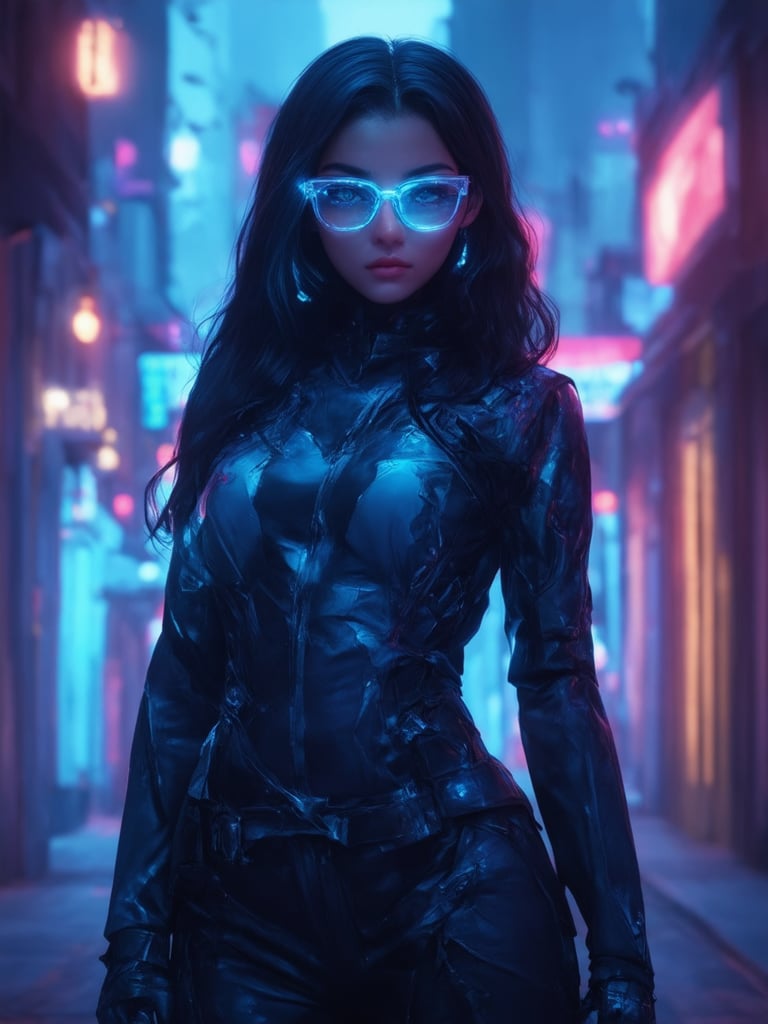 A cyberpunk heroine stands majestically in a neon-lit alleyway,  wearing clear glasses that glow with an eerie blue hue. H...