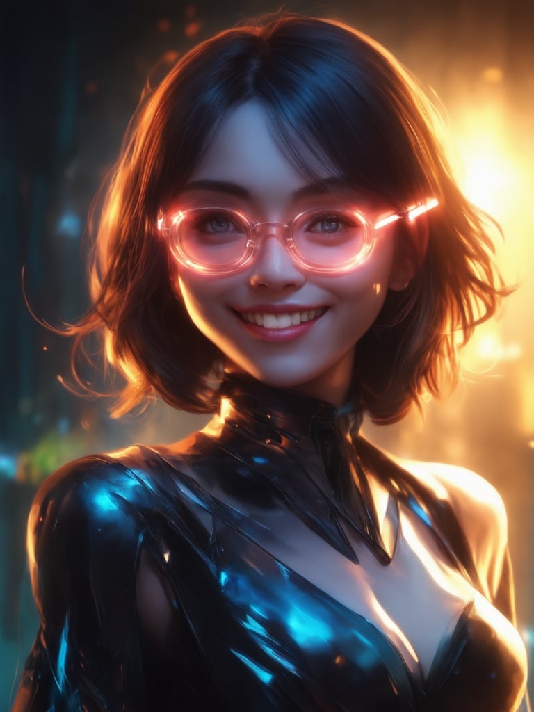 A stunning cyberpunk girl donning clear neon glasses, posed against a richly textured, golden-ratio-optimized backdrop. Her intricate, decadent attire shimmers under the warm glow of subtle light leaks, nuanced by subsurface scattering and rim lighting. Vibrant, complementary colors dance in the deep background, drawing focus to her striking features: detailed eyes, highest-quality facial expression, and a mesmerizing smile that seems to radiate warmth and charm. The overall effect is a breathtaking UHD masterpiece, worthy of ArtStation's finest concept art and illustration standards, reminiscent of Artgerm, Loish, and Wlop's iconic works.