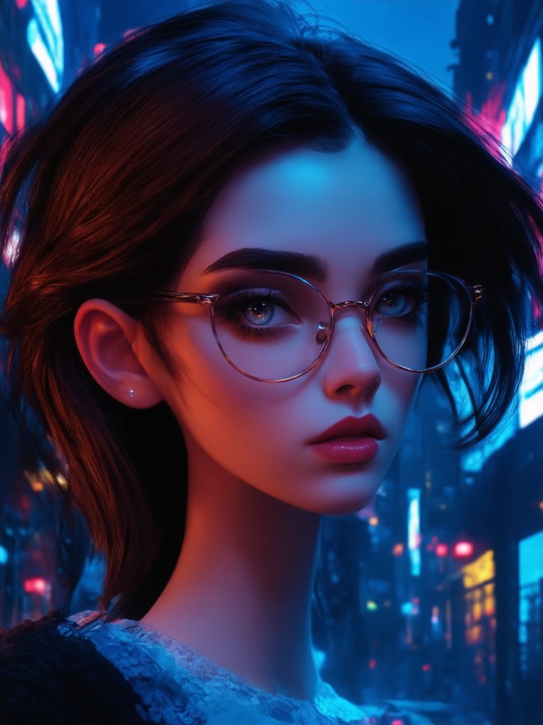 In a neon-drenched cyberpunk metropolis, a striking young woman with clear glasses shines like a beacon. Her golden-ratio proportions are highlighted against a deep, rich blue background, where intricate cityscapes unfold like a tapestry. Smooth, 32K UHD rendering brings her detailed face and piercing eyes to life, as if lit by octane render's warm glow. Artgerm-esque illustration style infuses the scene with a sense of fantasy and wonder, evoking the whimsy of Ever After High. Light leaks and subsurface scattering add a touch of realism, while rim lighting accentuates her features against the vibrant, complementary colors that dance in the city's neon haze.