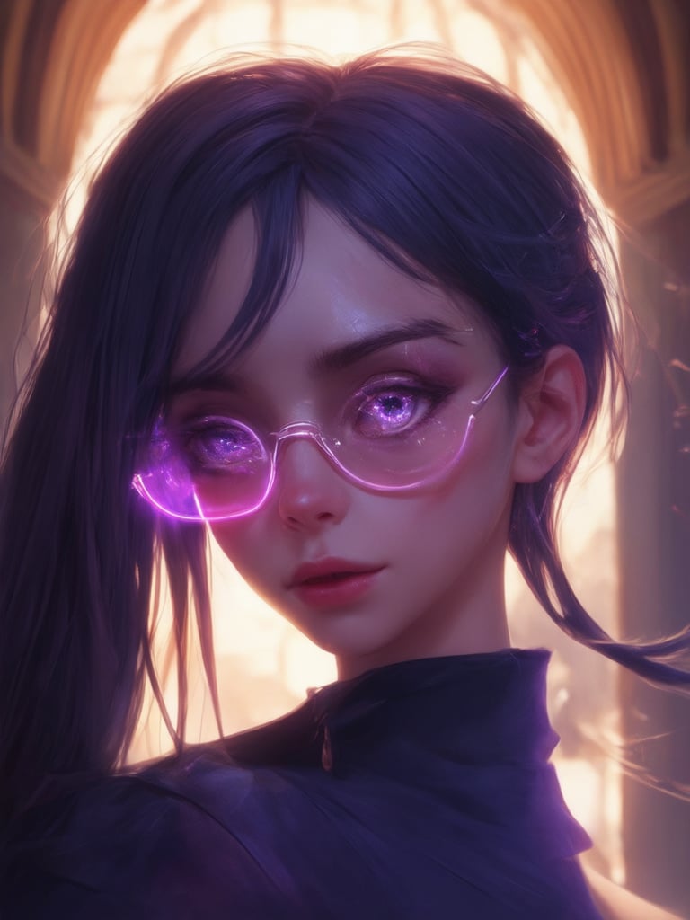 A cyberpunk girl, her gaze piercing through clear neon glasses, bathed in a warm golden ratio composition. Intricate details shine in 32k UHD resolution, amidst fantasy-inspired backdrops of decadent architecture. Her ever-after high hairstyle flows like silk, illuminated by vibrant light leaks and subsurface scattering. Rim light accentuates the contours of her face, with masterfully detailed eyes that seem to sparkle like diamonds. The artwork exudes a heartwarming, uplifting charm, as if plucked from ArtStation's finest concept art collections. Smooth lines and sharp focus evoke the precision of Loish or Wlop's digital paintings, with Artgerm's signature style woven throughout.