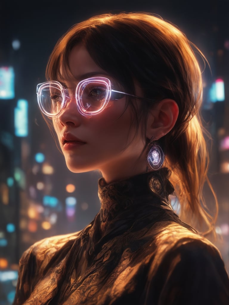 A cyberpunk beauty with clear neon glasses, gazing into the distance, as if lost in thought. The golden ratio is evident in her facial structure, framed by a cityscape's neon-lit skyscrapers. In 32K UHD, intricate details shine: intricate cybernetic implants adorn her face, while decadent ornate designs cover her outfit. Artstation-quality rendering by artgerm or loish, with smooth brushstrokes and sharp focus. The scene is bathed in warm light, with subtle light leaks, subsurface scattering, and rim lighting, casting a beautiful glow on the deep background. Vibrant complementary colors pop against the dark hues, exuding a charming, heartwarming atmosphere.