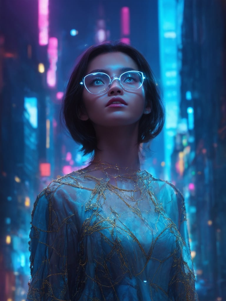 In a neon-drenched cyberpunk cityscape, a striking young woman with clear, glowing glasses gazes upwards, her intricate, decadent dress shimmering with golden ratio details. Set against a deep, vibrant background of wondrous architecture, the scene is bathed in beautiful lighting and shading, featuring subtle light leaks and subsurface scattering. Rim light accentuates the subject's detailed face, with masterfully rendered eyes that seem to sparkle with an inner light. The overall composition is sharp-focused, exuding a sense of warmth, upliftment, and charm.