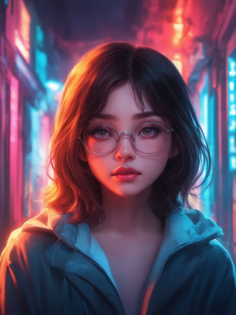 In a neon-drenched cyberpunk alleyway, a captivating girl with clear glasses shines like a beacon. Framed by a subtle golden ratio composition, she stands out against the intricate, decadent backdrop of cyberpunk architecture. The 32K UHD digital painting is a masterpiece, showcasing smooth, sharp focus on her charming face and detailed eyes. Light leaks and subsurface scattering create a beautiful, warm glow, while rim light accentuates her features. The vibrant complementary colors in the deep background add depth, making this artwork a heartwarming, uplifting, and charming UHD illustration by Artgerm or Loish.