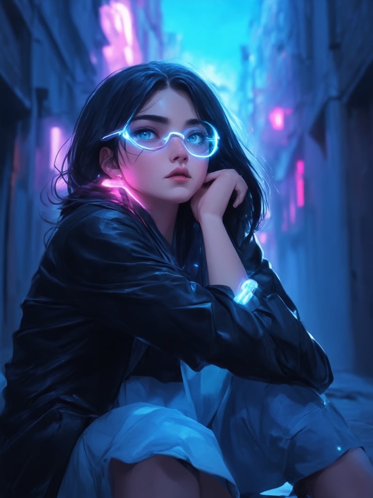 A cyberpunk girl with clear neon glasses sits in a dimly lit alleyway, the golden ratio guiding her pose. Neon hues dance across her face as she gazes upward, lost in thought. In 32k UHD resolution, intricate details and decadent textures come alive. The fantasy world unfolds behind her, a masterpiece of vibrant colors and deep background shading. Her eyes, with smooth and sharp focus, shine like stars on a warm night. (Art by Artgerm, Loish, Wlop)