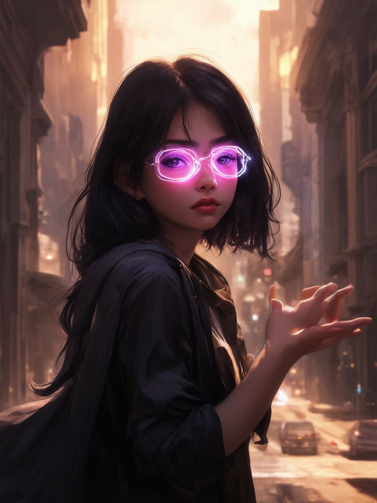 In a dystopian cyberpunk cityscape, a captivating girl with clear neon glasses shines like a beacon of hope. Framed against a golden ratio-inspired cityscape, her intricate details are rendered in 32K UHD clarity. Fantasy elements blend seamlessly with cyberpunk flair. Amidst decadent architecture, she poses with an air of enchantment, as if beckoning the viewer to enter her whimsical world. Art by Loish and Wlop.