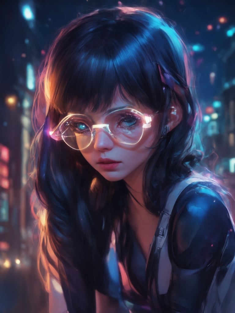 A cyberpunk girl with clear neon glasses gazes directly into the lens, her eyes gleaming like polished gemstones under the soft glow of rim light. Against a deep, star-studded background, her intricate, golden-ratio-inspired cybernetic enhancements shimmer in vibrant complementary colors. Subsurface scattering and light leaks infuse the scene with a sense of depth and atmosphere, as she sits amidst a decadent, highly detailed urban landscape. ArtStation-quality illustration by artgerm or loish, showcasing their mastery of UHD digital painting.