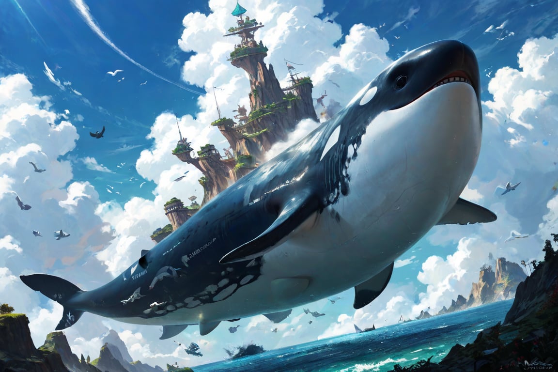 flying giant whale blue sky floating island white cloud score_9,score_8_up,score_7_up,score_6_up masterpiece high quality