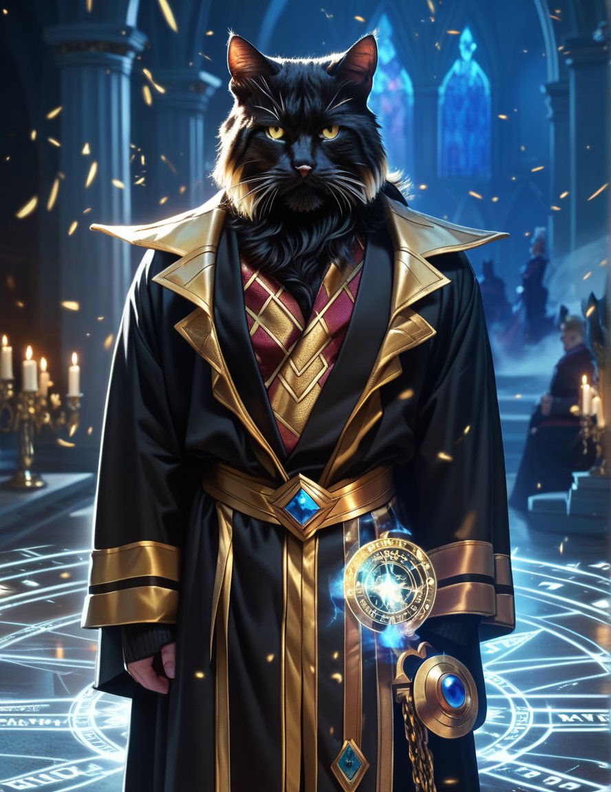 black cat magician standing on comprecated shining magic circle,animal,cat head,cat ears,cat mouth,cat beard,magic power sparking,thunder effect,shining golden eyes,gold patterned black robe,serious realistic cg,hyper beautiful detiled game cg,masterpiece,best quality,score_9,score_8_up,score_7_up,score_6_up,source_anime,BREAK,anime screencap,score_anime