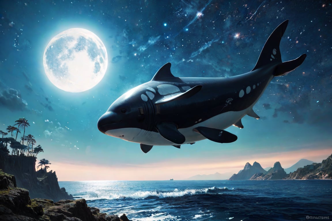 flying giant whale starry sky full moon floating island blue_ocean hyper_beautiful_detailed_cg score_9,score_8_up,score_7_up,score_6_up masterpiece high quality