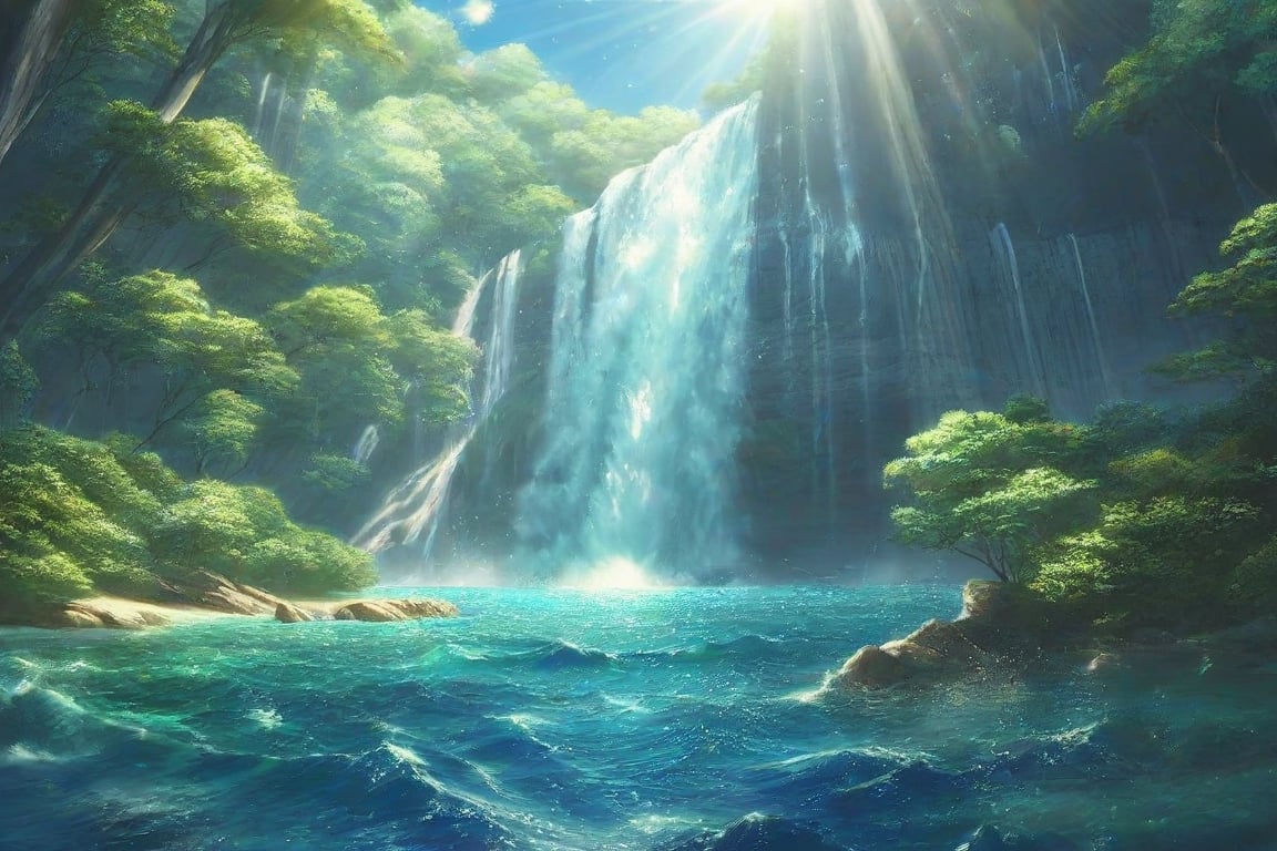 landscape beautiful summer beach water fall blue ocean wave sunlight fantasy hyper_beautiful_detailed_cg score_9,score_8_up,score_7_up,score_6_up masterpiece high quality,anime screencap,score_anime