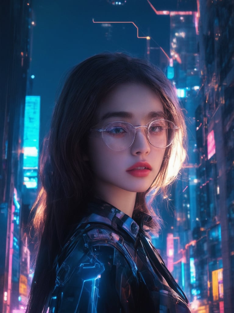 In a neon-drenched cyberpunk cityscape, a charismatic girl with clear glasses and striking features poses against a backdrop of towering skyscrapers. Golden ratio details adorn her attire, as intricate circuits and machinery swirl around her like a second skin. The frame is set within a deep background of vibrant complementary colors, with subtle light leaks and subsurface scattering adding depth to the scene. Her eyes sparkle with sharp focus, as rim light illuminates her face from above, casting a warm glow. The overall effect is heartwarming, uplifting, and charming, with every detail meticulously crafted in 32k UHD resolution.