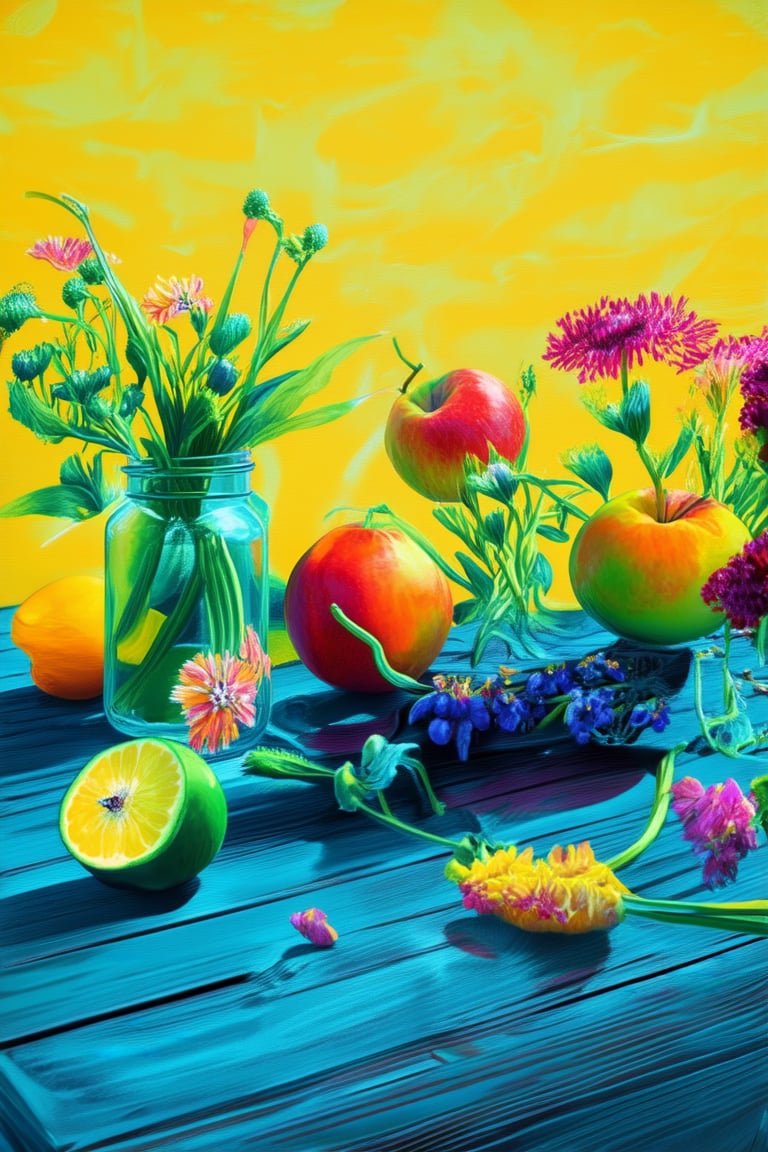 A bright and cheerful still life setup captures a medley of vibrant, colorful fruit arranged artfully on a rustic wooden table against a warm, sunny yellow background. A glass jar filled with wildflowers adds a pop of color and texture to the composition, as the morning light casts a soft glow over the entire scene.