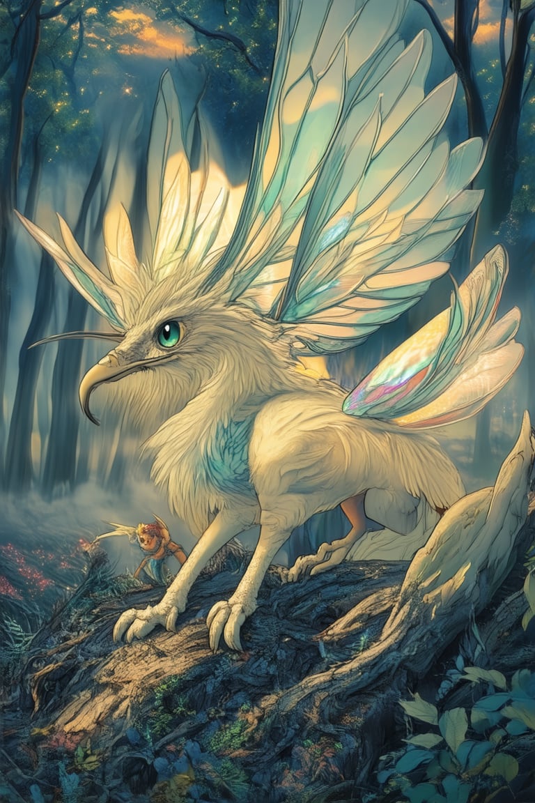 Immerse in a mystical forest at dusk, where fantasy creatures converge. A majestic Griffin with shimmering silver feathers and piercing green eyes perches atop a gnarled tree stump, surrounded by swirling mist and whispering leaves. Amidst the foliage, a trio of mischievous Pixies flit about, their iridescent wings glimmering in the fading light.