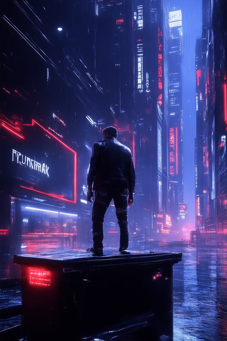 A futuristic cityscape at dusk, with towering skyscrapers and neon-lit streets reflecting off a rain-soaked pavement. A lone hacker, dressed in black leather jacket and ripped jeans, stands atop a dumpster bin, gazing out at the sprawling metropolis. The air is thick with mist, illuminated by flickering LED billboards. In the background, a giant holographic advertisement for 'NeuroSpark' glows bright blue.