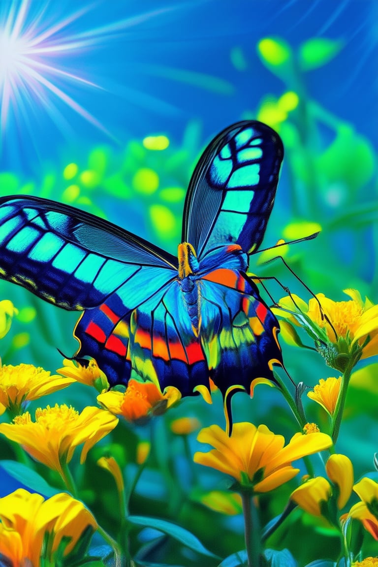 A dynamic close-up shot of a vibrant, colorful butterfly perched on a bright yellow flower, its iridescent wings glimmering in the warm sunlight. The camera focuses on the intricate details of the butterfly's body, with petals and leaves blurred softly in the background, creating a stunning contrast between the delicate insect and the lush greenery.