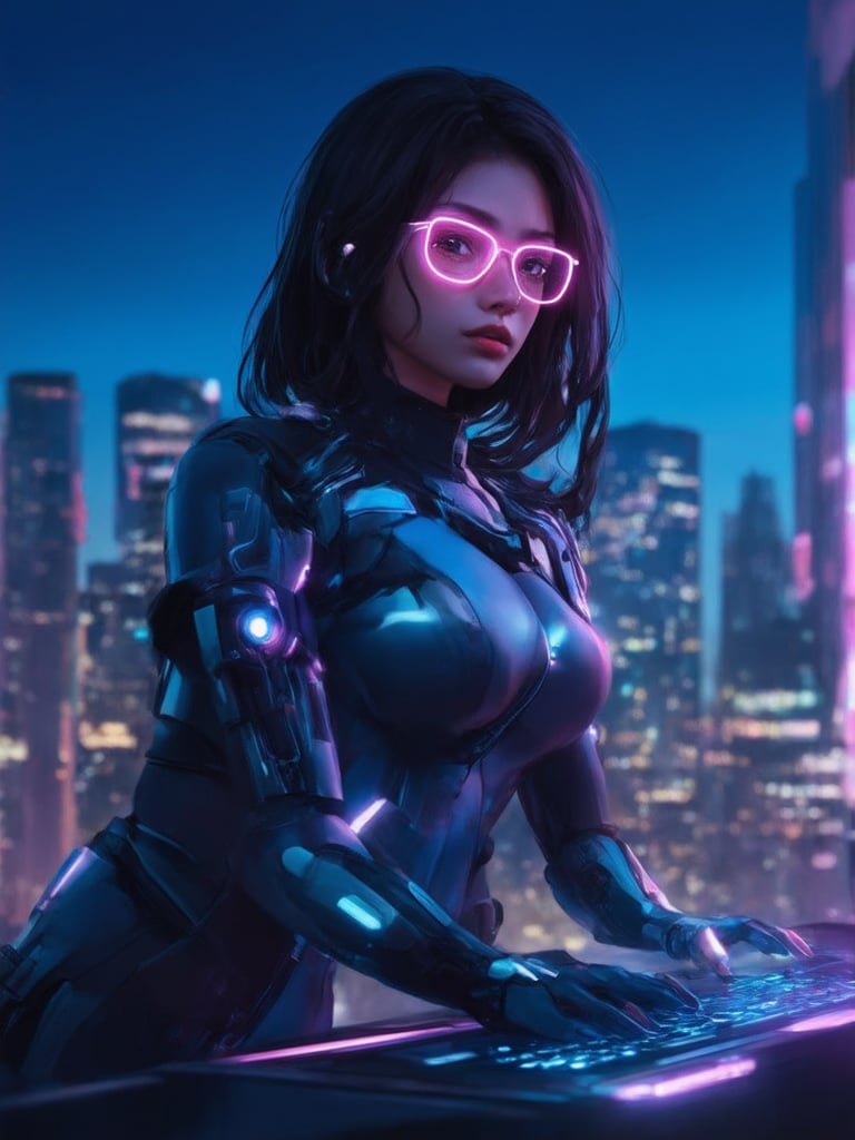 A cyberpunk girl with clear neon glasses gazes into the distance, surrounded by a cityscape at dusk. Golden ratio details adorn her sleek, high-tech attire. Framed by a subtle city skyline, she stands with one hand resting on a holographic console, as if paused in mid-action. Lighting highlights her intricate, decadent cybernetic implants, while rim light and subsurface scattering create depth and dimension. The background hums with neon lights and towering skyscrapers, set against a deep blue sky with vibrant complementary colors. Sharp focus and smooth textures bring this digital painting to life, worthy of Artgerm, Loish, or Wlop's mastery.