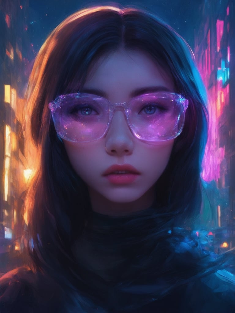 In a dystopian cityscape bathed in neon hues, a cyberpunk girl dons clear glasses that shimmer like diamonds under the golden ratio-inspired composition. Her face is a masterpiece of intricate details, with eyes that seem to sparkle like stars in a 32k UHD digital painting. The lighting is sublime, featuring light leaks and subsurface scattering that create an otherworldly ambiance. Rim light accentuates her features as she poses confidently against a deep, vibrant background. Sharp focus and smooth shading bring this charming, heartwarming illustration to life, reminiscent of Artgerm's and Loish's finest works.