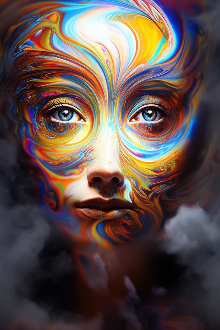 A vibrant, 3D-generated portrait of a whimsical face, with a kaleidoscope of colors swirling together to create a mesmerizing visual effect. The subject's features are illuminated by a soft, ethereal glow, while the background dissolves into a misty haze. The facial expression is playful and curious, with a hint of mischief in the eyes.