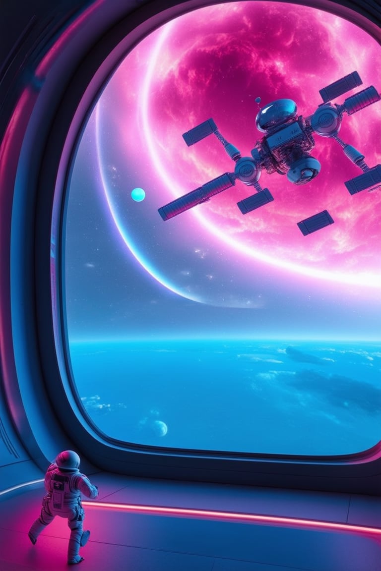 A futuristic 3D space station orbiting a pink-hued nebula, with neon-lit tubes and glowing orbs suspended in mid-air. The station's sleek, curved architecture glows softly from within, reflecting the vibrant pink hue of the surrounding cosmos. In the foreground, a spacesuit-clad astronaut floats near a window, gazing out at the stunning celestial vista.