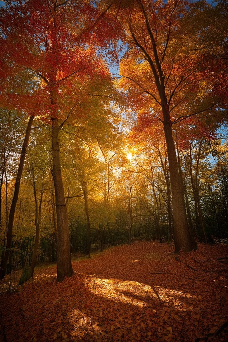 A warm golden light casts over a serene forest scene as autumn's vibrant hues unfold. Towering trees, their leaves transformed into fiery spectacles of orange, red, and yellow, stand tall against the soft blue sky. The rustling of leaves underfoot creates a gentle crunch as the season's final whispers are carried away on the breeze.