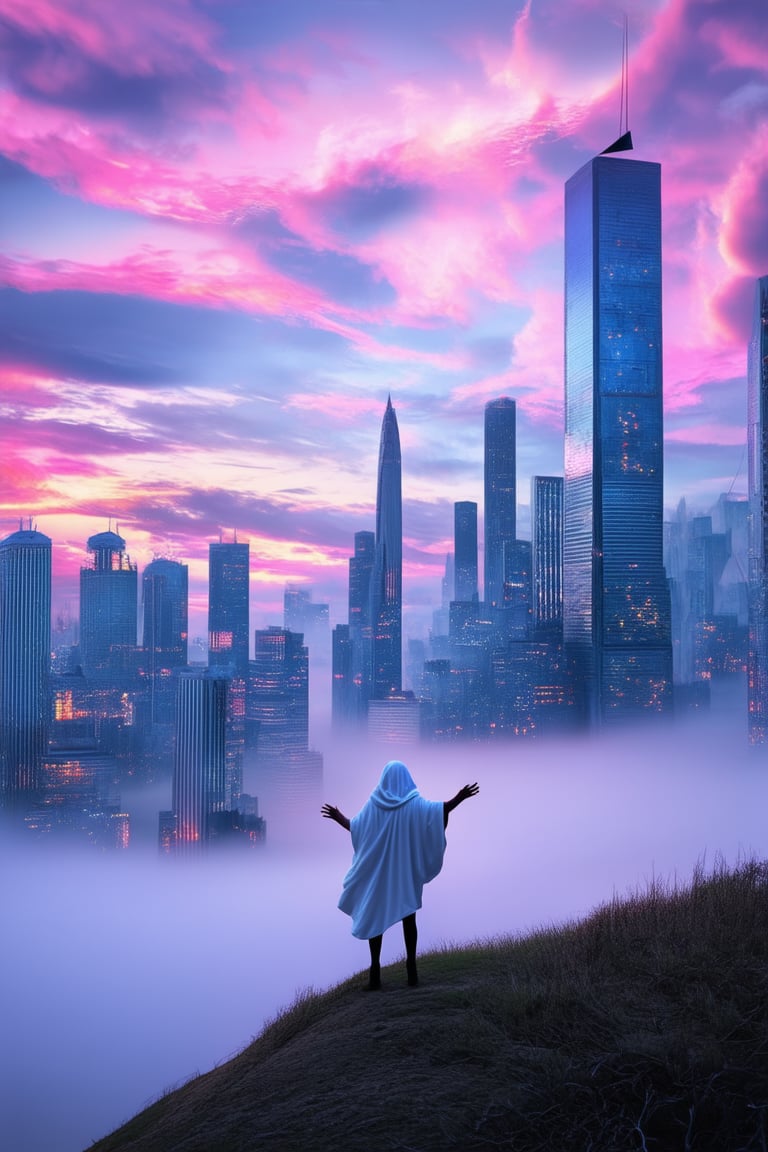 A vibrant, surreal dreamscape: a fantastical cityscape at dusk, with iridescent skyscrapers and wispy clouds of pink and purple hues. A lone figure, dressed in a flowing white cloak, stands atop a misty hill, arms outstretched as if embracing the ethereal atmosphere. Soft focus and warm lighting evoke a sense of nostalgia and wonder.