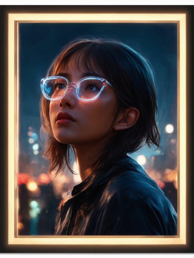 A cyberpunk girl with clear neon glasses gazes upwards, surrounded by a cityscape at dusk. The golden ratio guides the composition as she stands amidst a haze of misty lights. In 32K UHD detail, her intricate features shine with smooth, sharp focus. Her eyes gleam like polished onyx, and her face radiates an ever after high sense of wonder. Framed by loish-like artistry, this digital painting masterpiece exudes charm, heartwarming upliftment, and decadent fantasy. Light leaks and subsurface scattering infuse the scene with a vibrant, rim-lit glow, while deep background hues complement her golden skin tone.