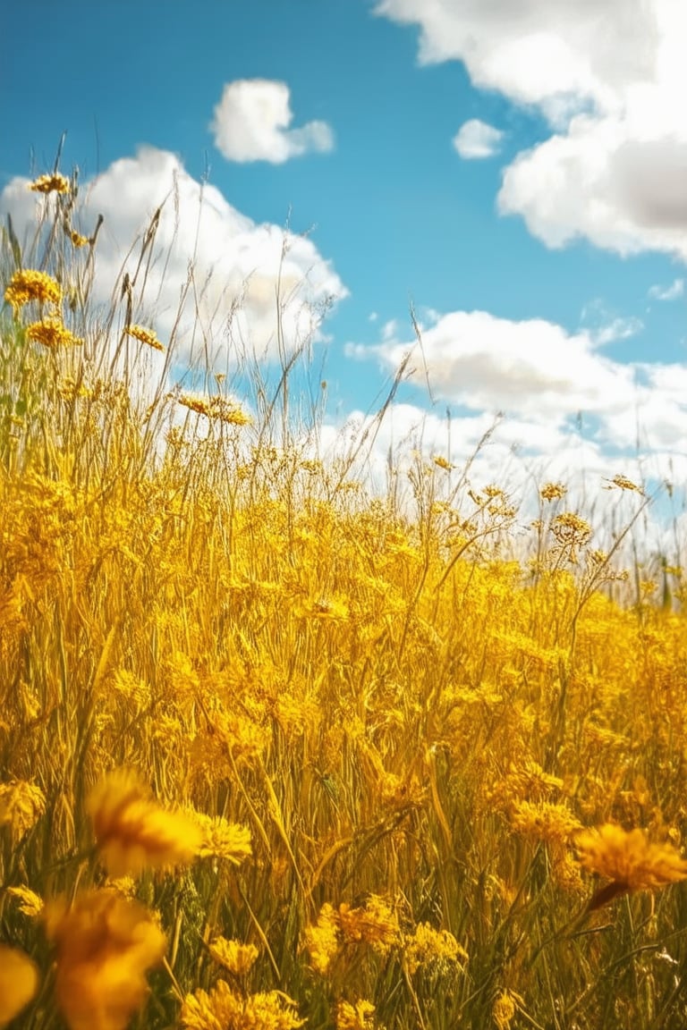 A vivid, sun-kissed yellow landscape with a dominant color palette featuring a range of warm hues from golden yellows to soft buttery tones. The framing shot captures a serene meadow with wildflowers swaying gently in the breeze, set against a bright blue sky with puffy white clouds. Soft morning light casts a warm glow on the scene, highlighting the delicate petals and textured grasses.