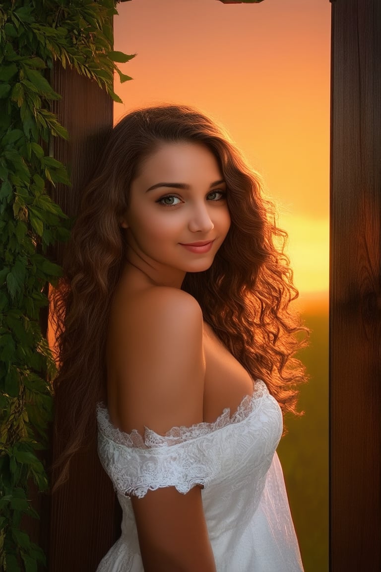 A majestic portrait of a stunning 'pretty girl' against a warm sunset backdrop, with a subtle gradient of orange and pink hues. The subject's long, curly locks cascade down her back as she gazes directly at the camera, a demure smile playing on her lips. Framed by lush greenery and a rustic wooden door, her regal presence commands attention.