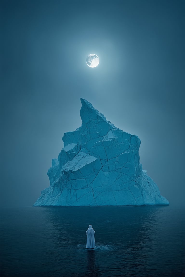 A majestic iceberg rises from a misty, mystical sea, its crystalline structure glistening like shards of diamonds under soft, ethereal moonlight. The surrounding waters are calm and dark, punctuated by occasional wisps of fog that dance across the surface. In the foreground, a lone figure in flowing white robes stands at the iceberg's edge, gaze fixed on the horizon as if searching for secrets hidden within the mist.