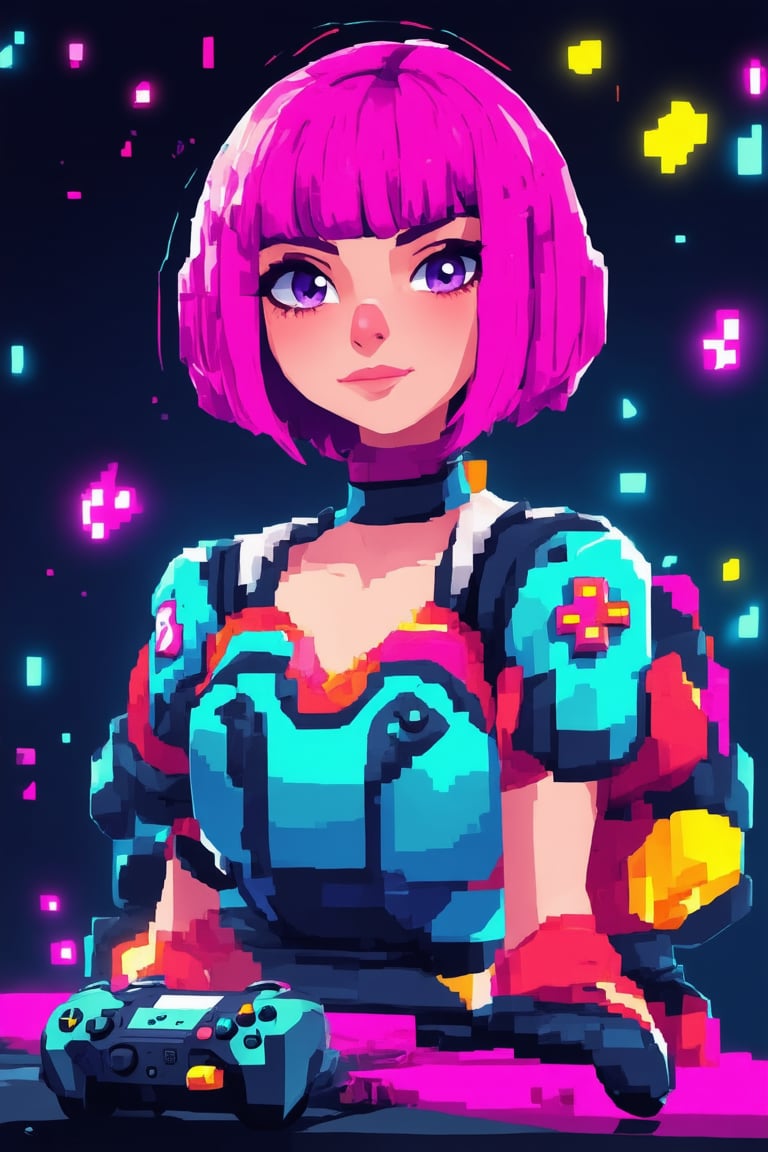 A close-up shot of a whimsical art character dressed in a vibrant gamer-inspired costume, surrounded by pixelated patterns and neon-lit accents. The character's bright pink hair is styled in a messy bob, with a few stray strands framing their face. A controller and console sit at the edge of the frame, casting a warm glow on the subject's features as they lean in, eyes fixed intently on the screen.