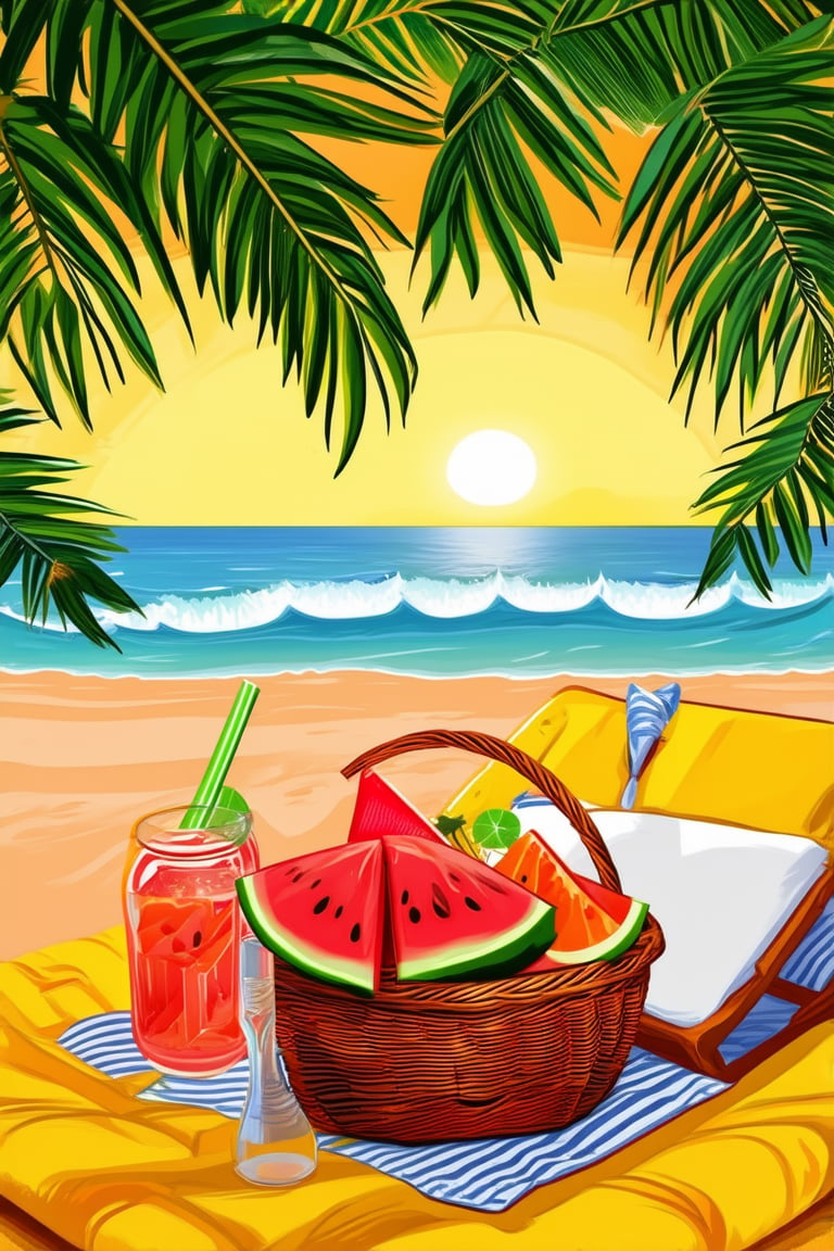 A warm summer evening scene: a sun-kissed beachside picnic setup on a vibrant yellow blanket, with a basket of juicy watermelon slices and refreshing drinks. Softly lit by the setting orange-yellow sun, a couple lounges in comfortable poses, surrounded by lush green palm trees and tranquil ocean waves gently lapping at the shore.