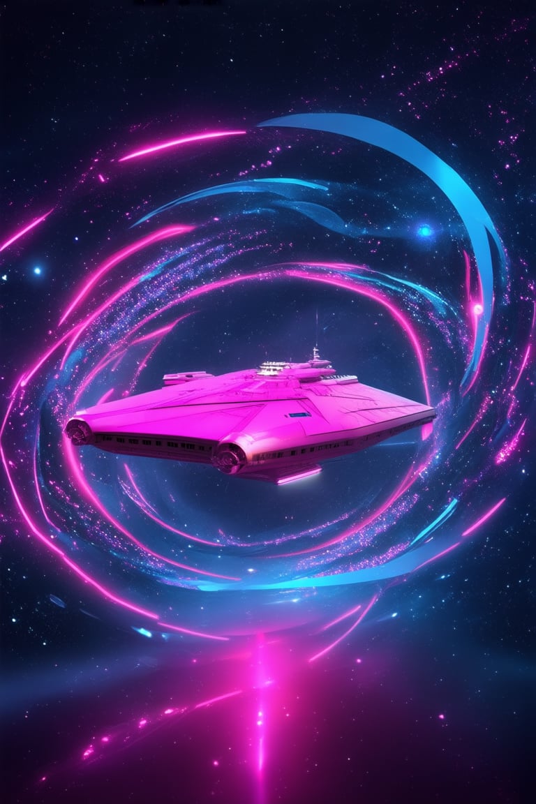 A futuristic 3D pink space scene: A vibrant pink glow illuminates a sleek, metallic spaceship hovering amidst a swirling vortex of neon lights and cosmic particles. The ship's angular design and gleaming surface reflect the pink hue, creating a sense of depth and dimensionality. In the background, stars and galaxies twinkle like diamonds against a dark blue canvas.