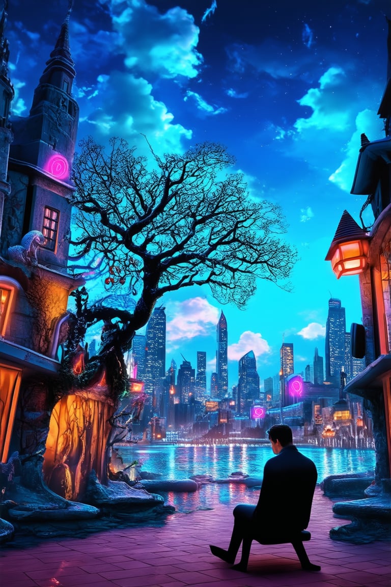 A vibrant, surreal landscape unfolds: a bright blue sky with wispy clouds morphs into a dreamy cityscape at dusk. A majestic, glowing tree stands tall amidst the architecture, its branches stretching towards the heavens like ethereal tentacles. In the foreground, a figure lies on a bench, lost in thought, as the city's neon lights begin to flicker to life.