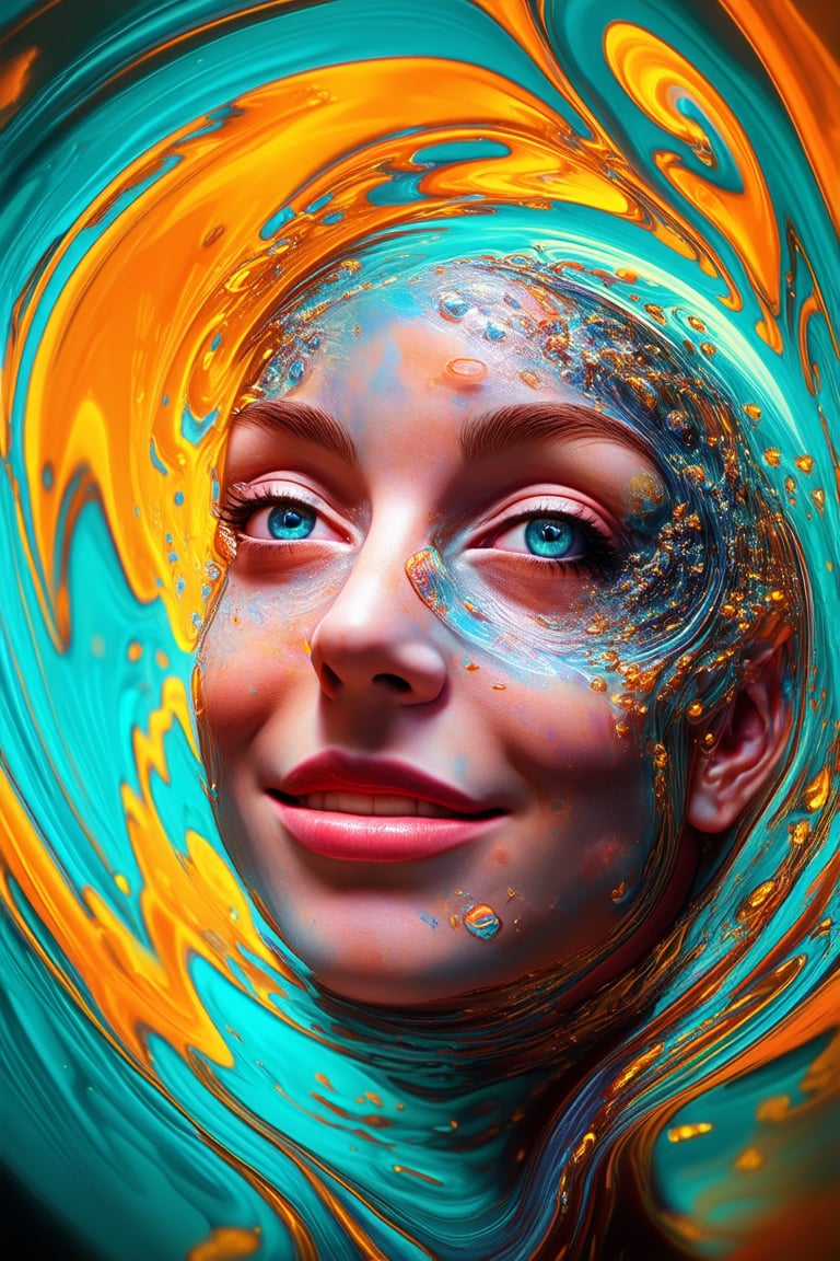 A vibrant 3D rendering of a person's face, bathed in a kaleidoscope of colors. The subject's features are prominently framed against a swirling background of turquoise, orange, and yellow hues. Eyes shine like bright blue jewels, surrounded by a halo of golden light. Rosy cheeks and a mischievous grin complete the colorful visage.