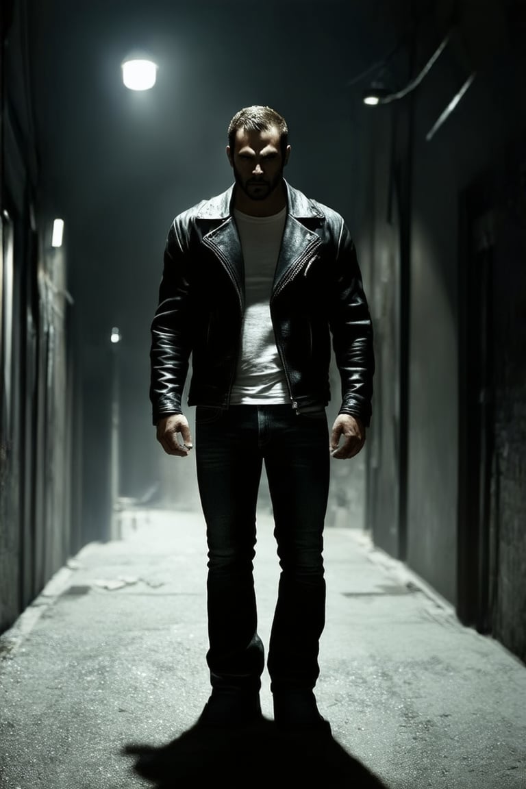 A dramatic close-up shot of a mysterious dark hero stands alone in a dimly lit alleyway, his rugged features illuminated only by the faint glow of streetlights casting long shadows. A black leather jacket wraps around his broad shoulders, while a white shirt and dark jeans create a striking contrast beneath.