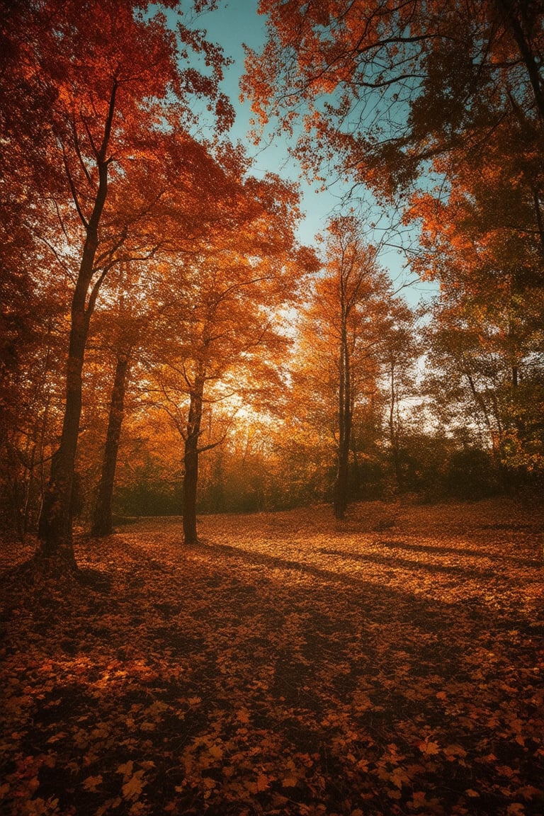 A warm golden light casts a cozy glow on a serene autumn landscape. A solitary figure, dressed in earthy tones, stands at the edge of a forest, surrounded by towering trees with leaves rustling softly in the gentle breeze. The air is crisp and cool, filled with the scent of damp soil and decaying leaves. The subject's profile is framed against the vibrant orange and red hues of the falling foliage, as the sky above transitions from a soft blue to a warm amber.