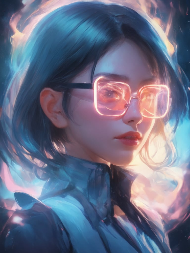 A mesmerizing cyberpunk girl with clear neon glasses shines bright against a vibrant backdrop. Framed by intricate details, her golden ratio-inspired features gleam with smooth, sharp focus. Decadent textures and high-frequency details pop in 32k UHD. Amidst light leaks and rim lighting, subsurface scattering creates an ethereal glow. Beautiful shading and deep background hues enhance the masterpiece's charm. Heartwarming, uplifting, and charming, this illustration by ArtGerm, Loish, or Wlop would be a stunning addition to any artstation or concept art gallery.