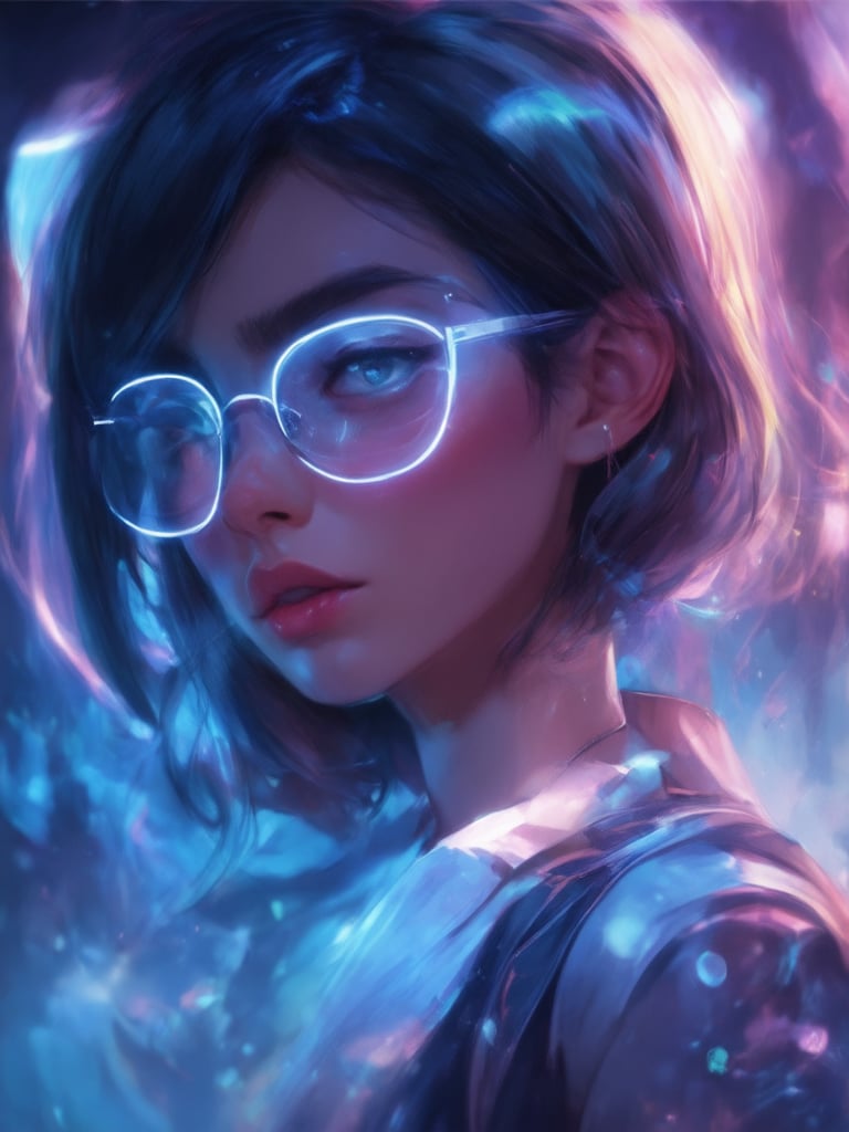 A mesmerizing cyberpunk girl with clear neon glasses shines bright against a vibrant backdrop. Framed by intricate details, her golden ratio-inspired features gleam with smooth, sharp focus. Decadent textures and high-frequency details pop in 32k UHD. Amidst light leaks and rim lighting, subsurface scattering creates an ethereal glow. Beautiful shading and deep background hues enhance the masterpiece's charm. Heartwarming, uplifting, and charming, this illustration by ArtGerm, Loish, or Wlop would be a stunning addition to any artstation or concept art gallery.