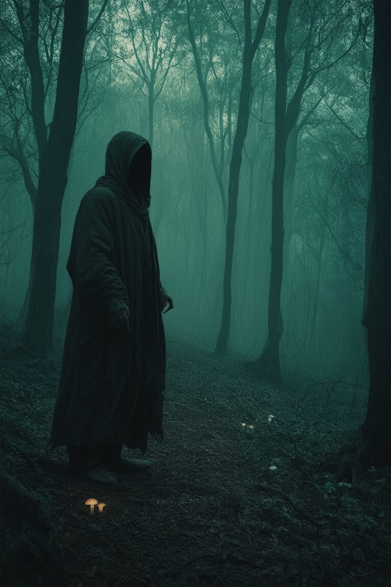 A cinematic image of a dimly lit, mysterious forest, shrouded in logical darkness. The camera frames a lone figure, dressed in tattered robes, standing at the edge of a clearing, illuminated by the faint glow of luminescent mushrooms. The subject's face is obscured by shadows, while their pose conveys an air of contemplation amidst the eerie atmosphere.