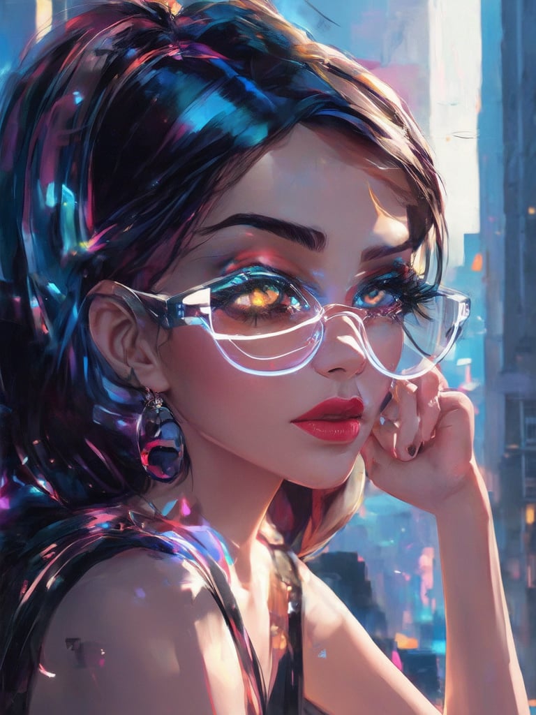 A captivating cyberpunk girl sits amidst a futuristic cityscape, wearing clear neon glasses that illuminate her gaze. The golden ratio composition guides the viewer's eye to her face, where intricate details and decadent textures reveal a masterpiece of digital painting. In stunning 32k UHD resolution, her eyes sparkle with warmth, framed by lush lashes and smooth skin. Artgerm-esque in style, this illustration bursts with vibrant complementary colors, light leaks, and subsurface scattering, as if ever after high noon.