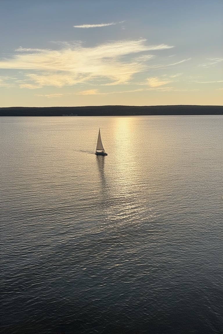 A serene landscape of a serene Jero US lake at dusk, with soft golden light casting ripples on the calm water's surface. A sailboat gently glides across the tranquil scene, its white sails billowing in harmony with the wispy clouds drifting lazily by.