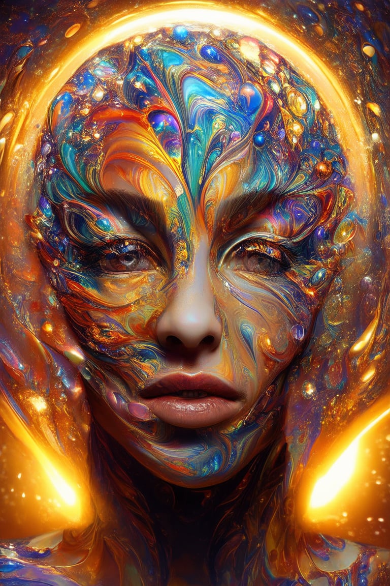 A vibrant, 3D-rendered portrait of a person's face, with bright, swirling colors filling the entire frame. The subject's skin appears as a kaleidoscope of hues, shifting and blending together in mesmerizing patterns. Their eyes gleam like polished jewels, surrounded by a halo of warm, golden light.