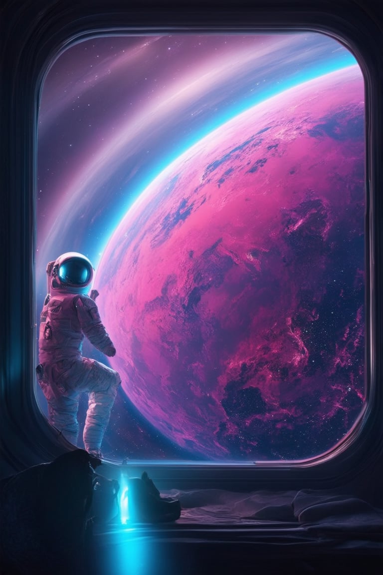 A futuristic 3D pink space scene: a sleek, neon-lit spacecraft orbits a vibrant pink planet, its atmosphere swirling with wispy clouds of iridescent purple and blue. The ship's metallic hull glows softly in the dim light, as if infused with an otherworldly energy. In the foreground, a lone astronaut peers out at the breathtaking view through a tinted window, their spacesuit a deep crimson to match the planet's hue.