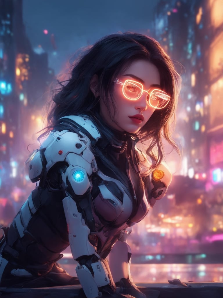 A cyberpunk beauty with clear neon glasses sits amidst a futuristic cityscape at dusk. Golden ratio details weave through her intricate cybernetic armoring, set against a 32K UHD fantasy backdrop. Her face glows with smooth, sharp focus, as if illuminated by the vibrant complementary colors of the city's lights. Subsurface scattering and rim light accentuate her detailed features, while light leaks create a sense of depth and atmosphere. (ArtStation-worthy concept art by Artgerm or Loish).