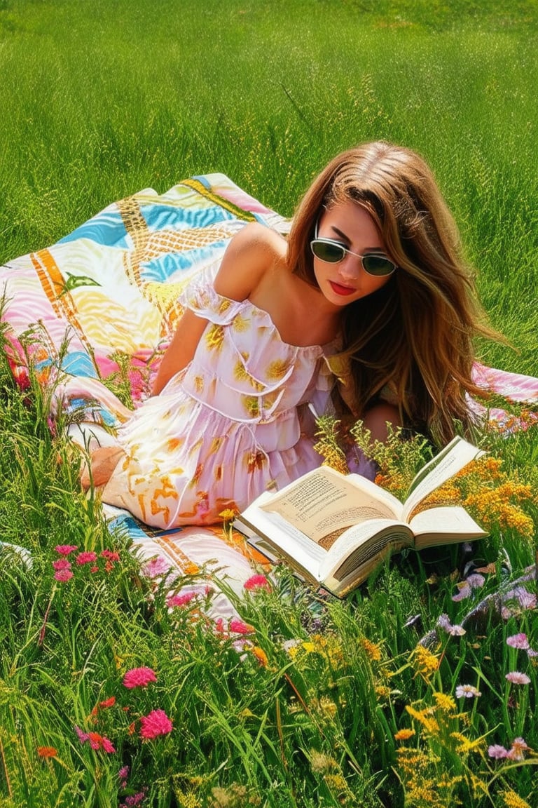 A warm sun-kissed afternoon in a lush green meadow, with tall grasses swaying gently in the breeze. A young woman, wearing a flowy sundress and sunglasses, lies on a colorful blanket, her long hair fanned out around her head. She's reading a book, surrounded by a bouquet of wildflowers, with a refreshing ice cream cone nearby.