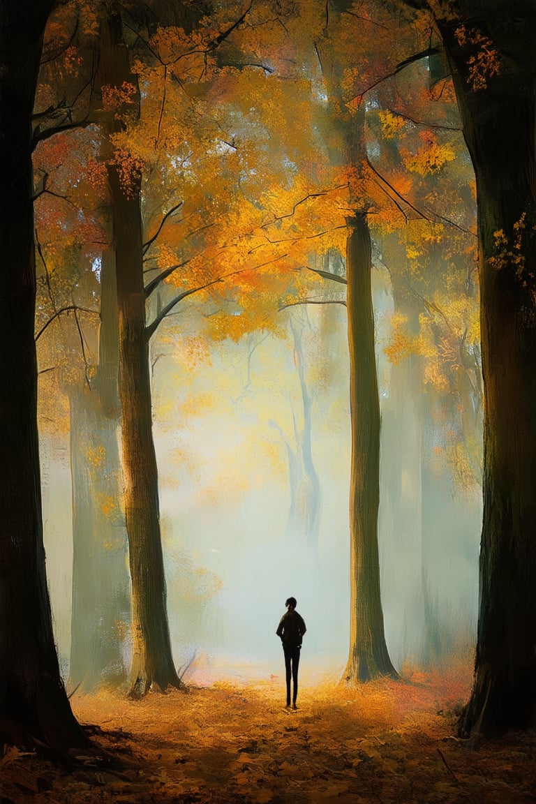 A warm, golden light casts a cozy glow on a crisp autumn afternoon. A gentle mist wraps around the base of towering trees, their leaves ablaze with vibrant oranges and yellows. A lone figure stands at the edge of the forest, hands buried in pockets as they gaze out upon the rustling foliage.