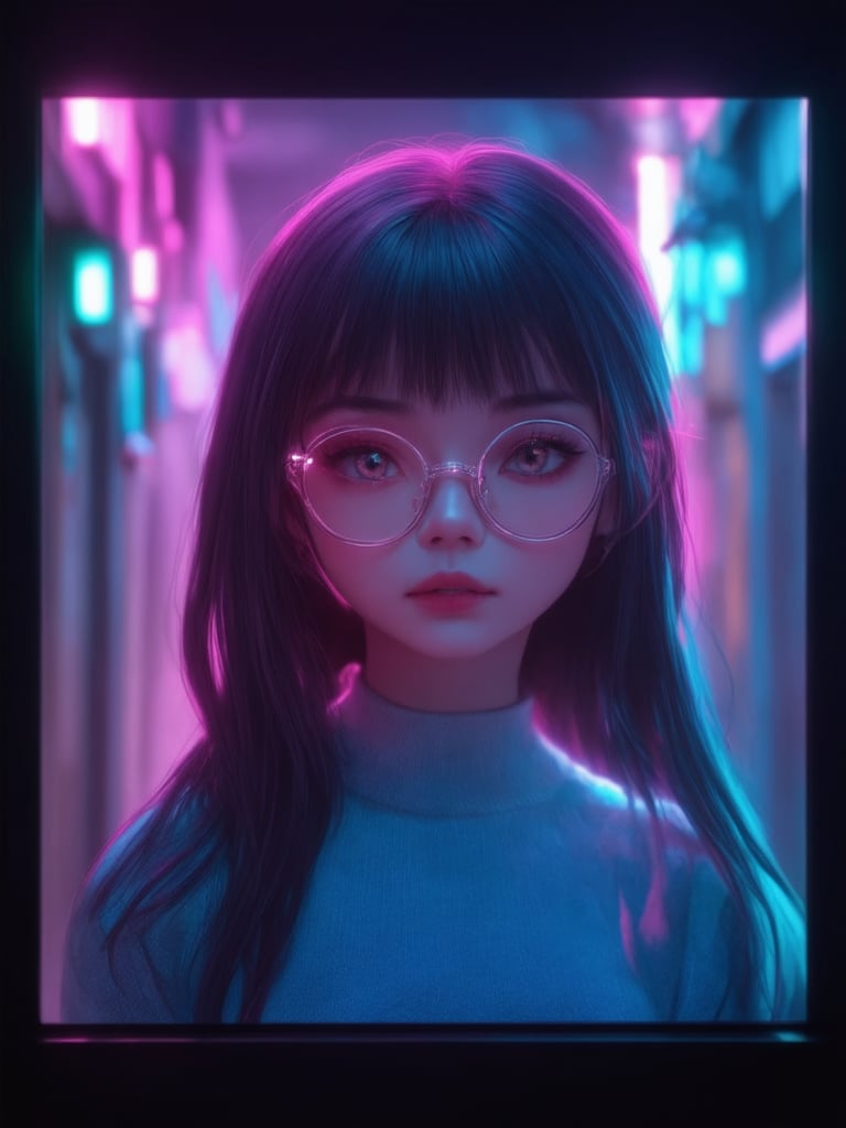 In a cyberpunk alleyway bathed in neon hues, a charismatic girl with clear glasses shines like a beacon. Her gaze, piercing yet gentle, is framed by intricate details following the golden ratio. The 32K UHD resolution brings forth a masterpiece of digital painting, rivaling Artgerm's and Loish's finest works. Smooth lighting and shading accentuate her features, while subsurface scattering adds depth to her eyes. Rim light casts a warm glow on her face, set against a vibrant background with beautiful light leaks. The overall effect is heartwarming, uplifting, and charming, inviting the viewer into this ever after high fantasy world.