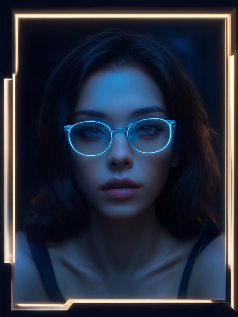 A cyberpunk beauty, wearing clear neon glasses, gazes directly into the camera's lens. Framed by a subtle golden ratio composition, she sits amidst a decadent, highly detailed digital painting backdrop. Her intricate features are bathed in warm light, with subsurface scattering and rim lighting accentuating her face. Vibrant complementary colors pop against the deep background, while sharp focus ensures every detail is crystal clear. (heartwarming, uplifting, charming)