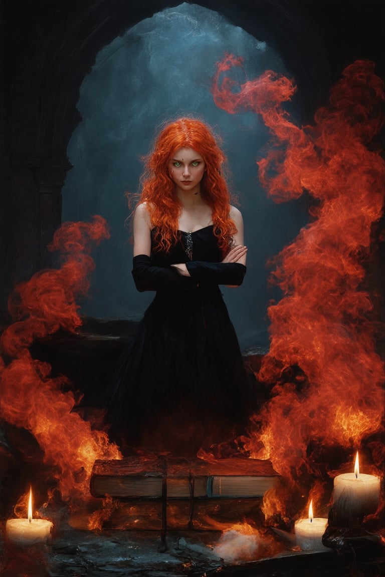 A fiery-haired girl with piercing green eyes, dressed in a flowing black dress, stands defiantly amidst a swirl of crimson smoke and flickering candles. Her arms are crossed, and her gaze is fixed on something unseen, as if summoning the forces of hell itself. The dimly lit, darkened chamber's walls seem to press in around her, heavy with ancient tome covers and mystical artifacts.