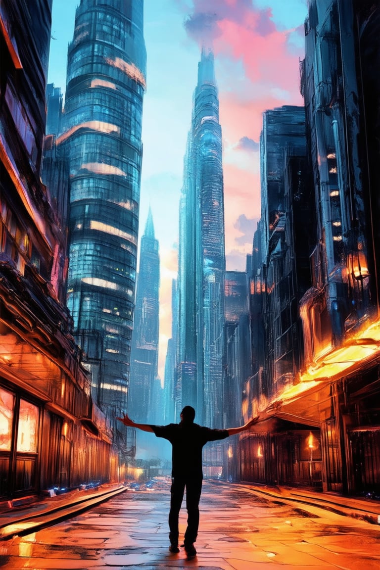 A surreal cityscape at dusk, with towering skyscrapers and winding streets bathed in a warm orange glow. In the foreground, a lone figure stands atop a building, arms outstretched as if embracing the dreamlike atmosphere. The sky is ablaze with vibrant hues of pink, purple, and blue, evoking a sense of euphoria and limitless possibility.